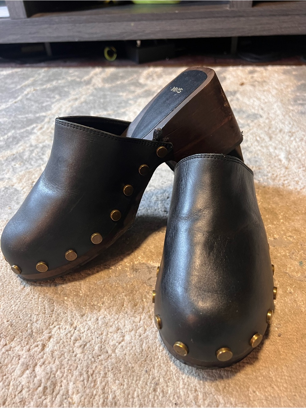 Black Leather Studded Clog Heels
